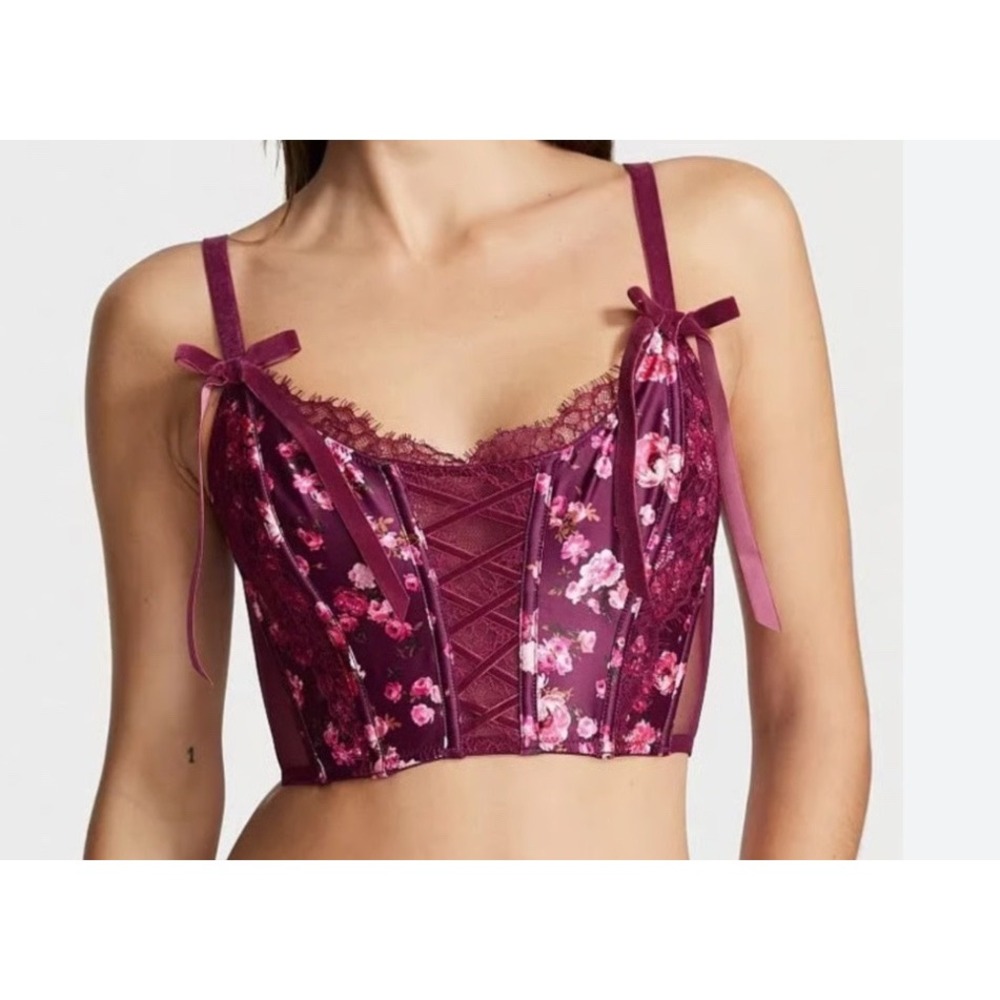 Victoria's‎ Secret Dream Angels Floral Satin Lace Corset Top Burgundy Sz XS